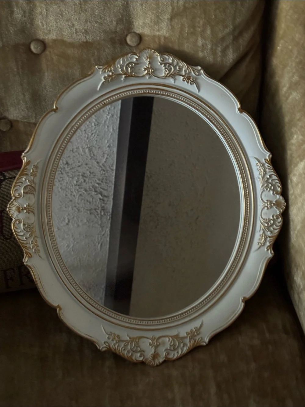 Vintage White and Gold Ornate Oval Wall Mirror